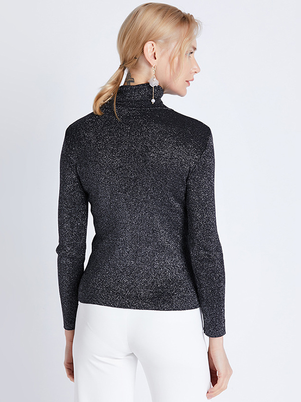 Black Long Sleeve High Neck Flash Silk Knitted Sweater