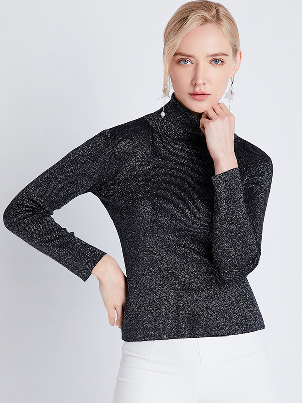 Black Long Sleeve High Neck Flash Silk Knitted Sweater