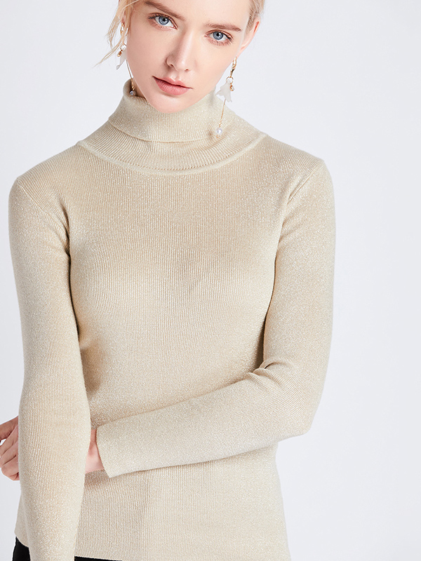 Apricot Long Sleeve High Neck Flash Silk Knitted Sweater