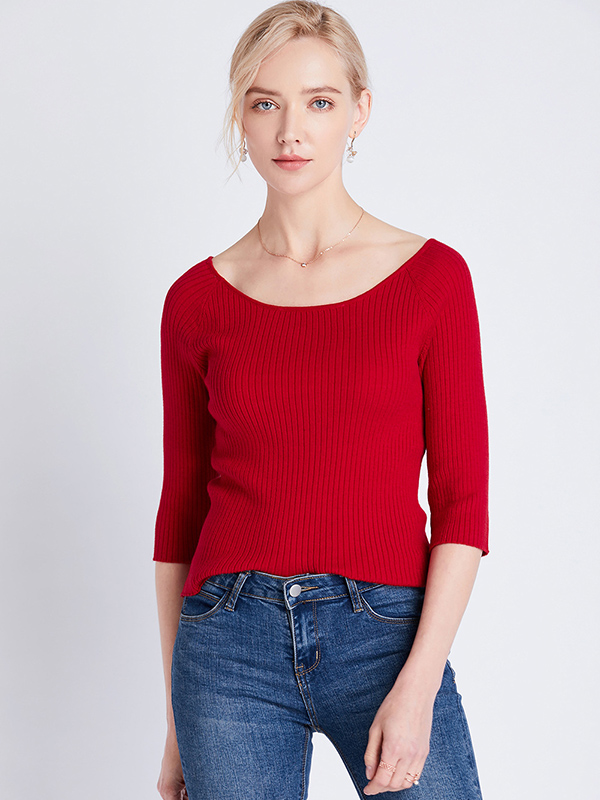 Red Half Sleeve Slim Knitted Sweater