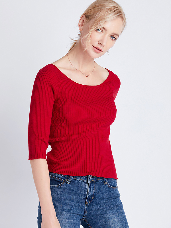 Red Half Sleeve Slim Knitted Sweater