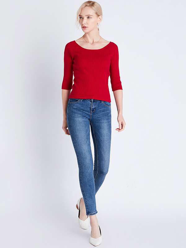 Red Half Sleeve Slim Knitted Sweater