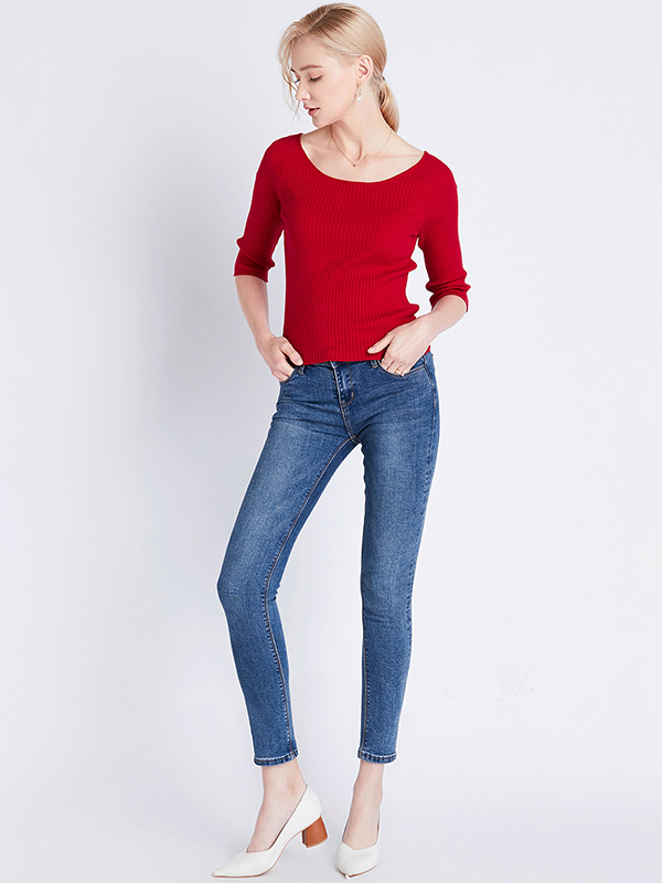 Red Half Sleeve Slim Knitted Sweater