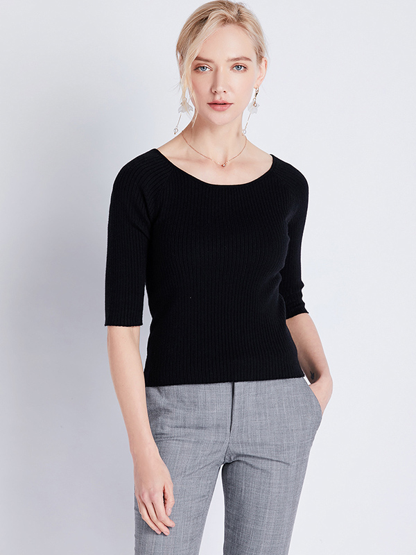 Black Half Sleeve Slim Knitted Sweater