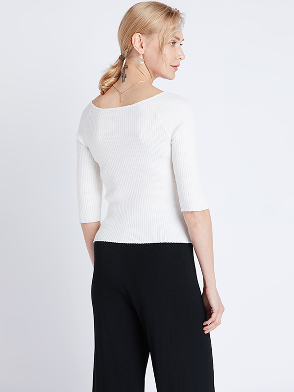 White Half Sleeve Slim Knitted Sweater