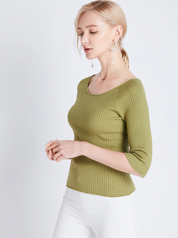 Green Half Sleeve Slim Knitted Sweater