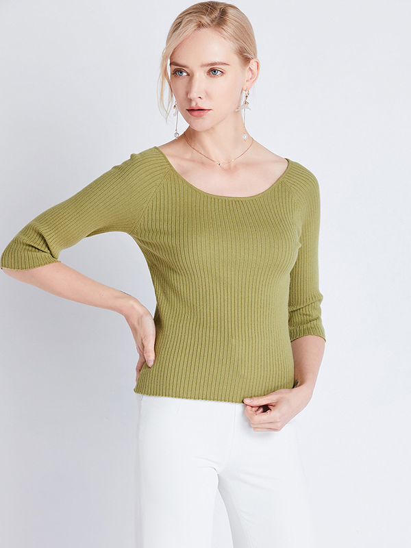 Green Half Sleeve Slim Knitted Sweater