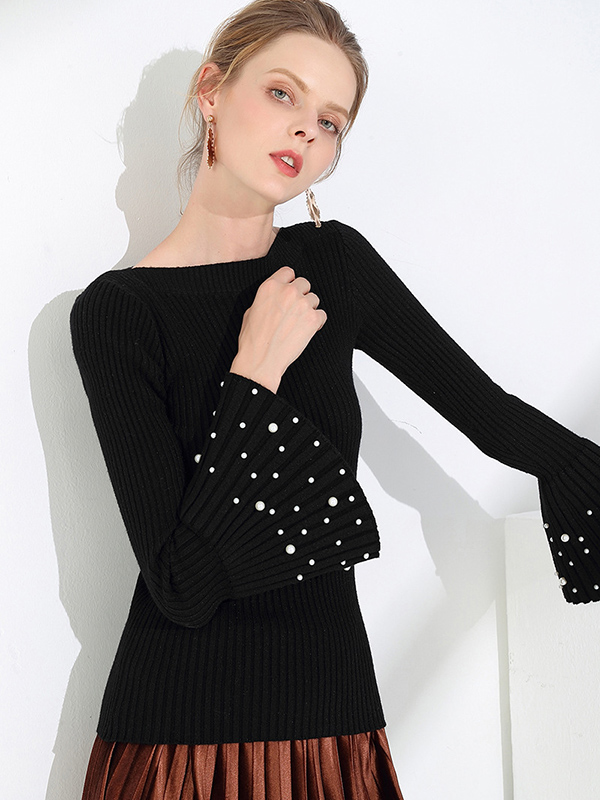  Black Thick Flared Sleeve Scoop Neck Sweater with Stud Beads