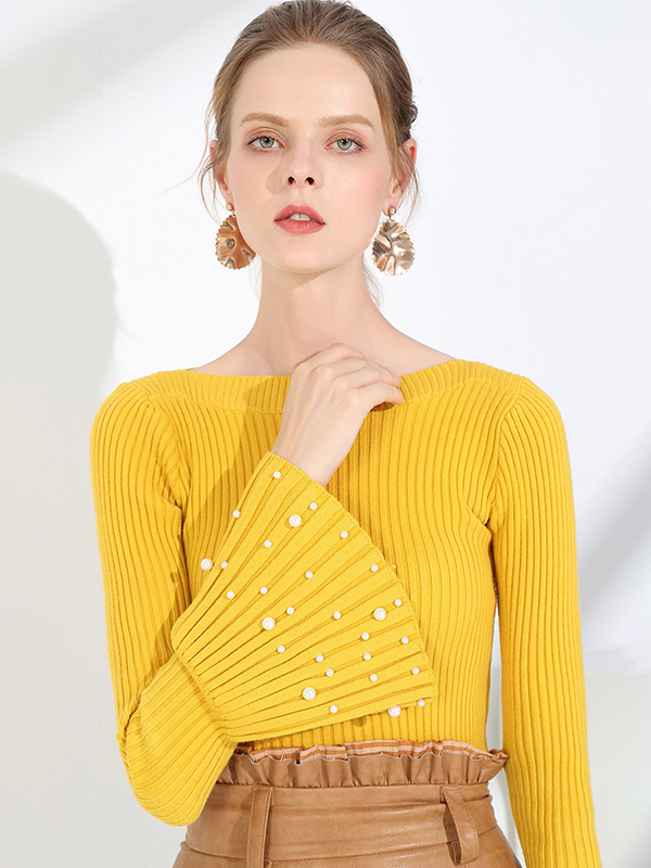 Yellow Thick Flared Sleeve Scoop Neck Sweater with Stud Beads