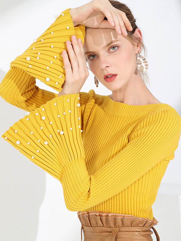 Yellow Thick Flared Sleeve Scoop Neck Sweater with Stud Beads