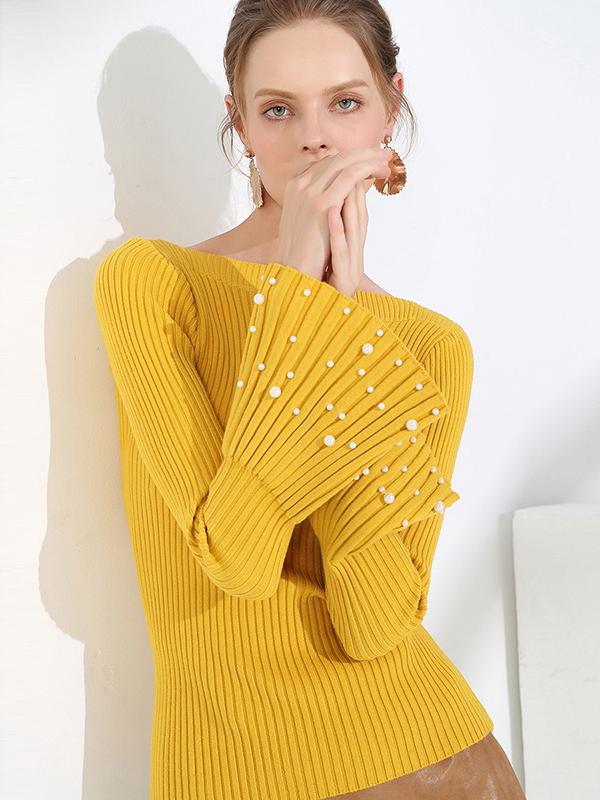 Yellow Thick Flared Sleeve Scoop Neck Sweater with Stud Beads