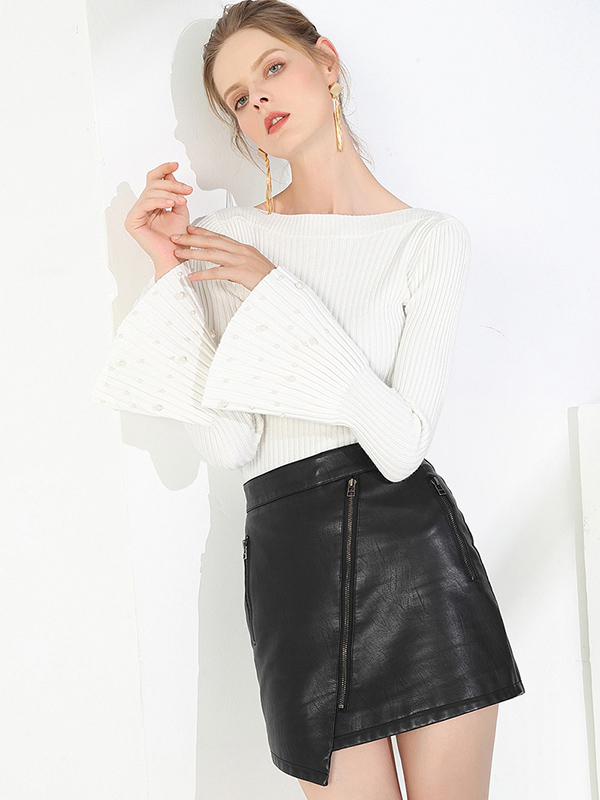 White Thick Flared Sleeve Scoop Neck Sweater with Stud Beads