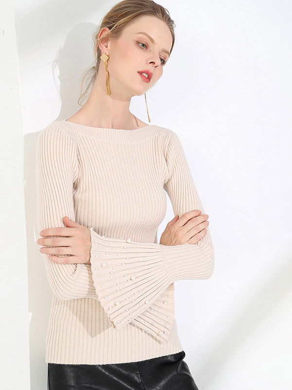 Apricot Thick Flared Sleeve Scoop Neck Sweater with Stud Beads