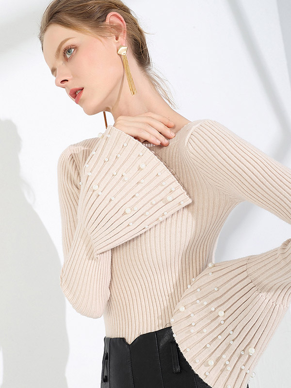 Apricot Thick Flared Sleeve Scoop Neck Sweater with Stud Beads