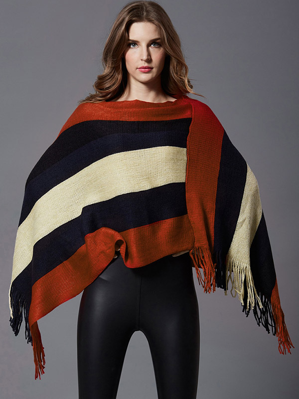 Red Striped Tassel Bat Sleeve Cape Sweater