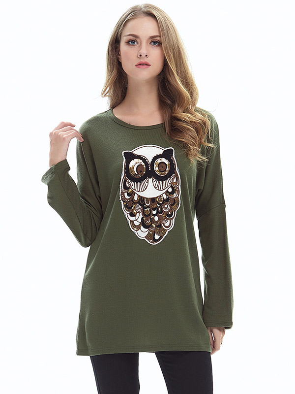 Green Loose Crew Bat Sleeve Owl Long Sleeve Sweater