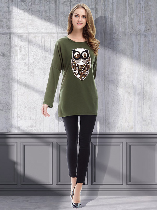 Green Loose Crew Bat Sleeve Owl Long Sleeve Sweater