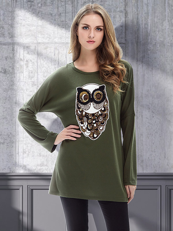 Green Loose Crew Bat Sleeve Owl Long Sleeve Sweater