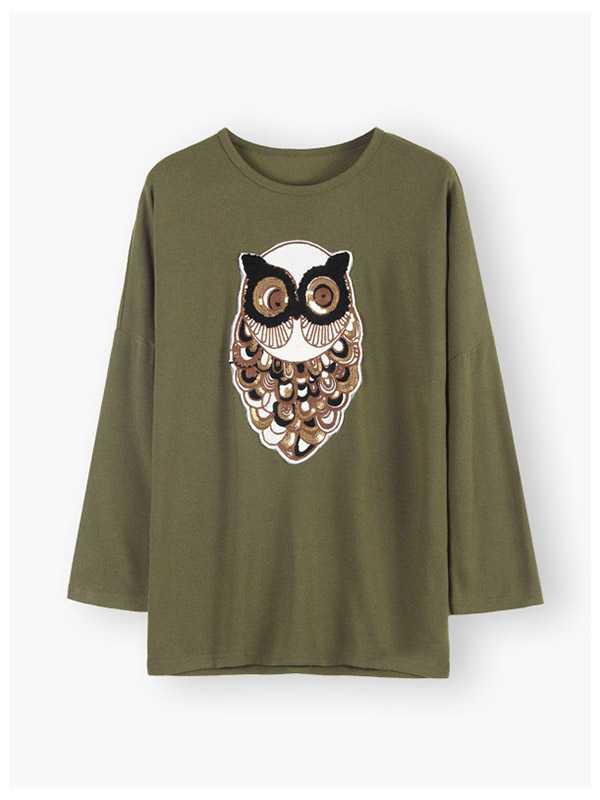 Green Loose Crew Bat Sleeve Owl Long Sleeve Sweater