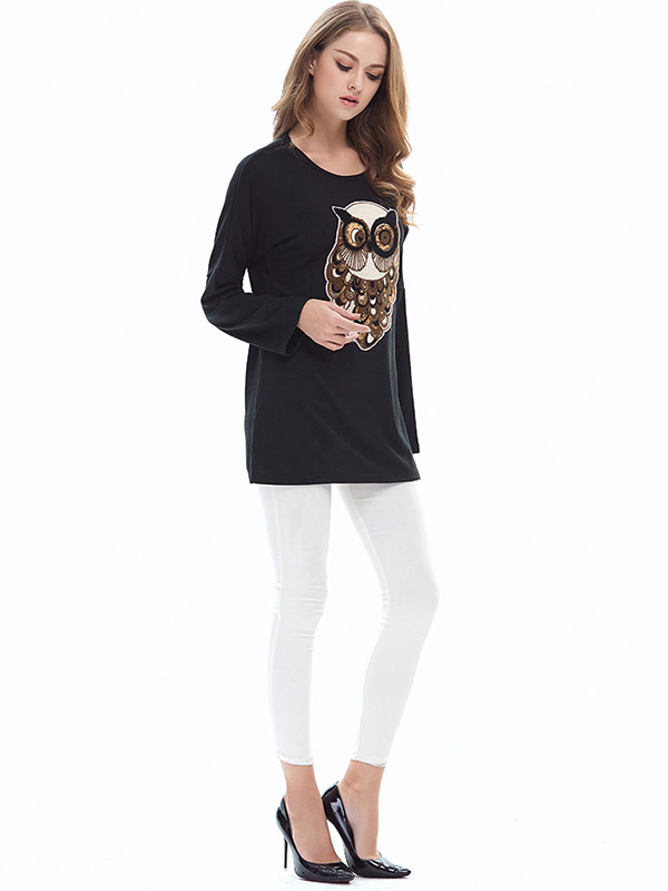 Black Loose Crew Bat Sleeve Owl Long Sleeve Sweater