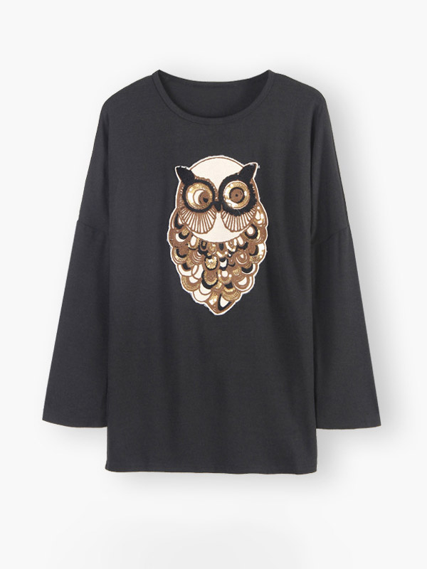 Black Loose Crew Bat Sleeve Owl Long Sleeve Sweater