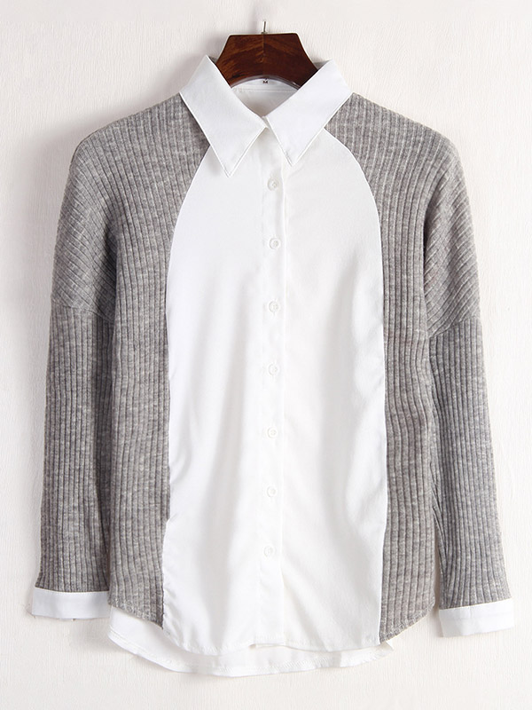 Grey Oversize Long Sleeve Knitted Sweater with Color Block Design