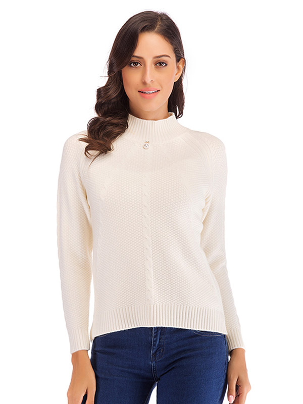 White High Neck Elastic Nail Bead Long Sleeve Sweater