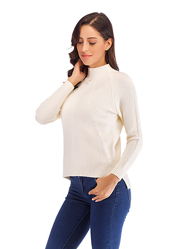 White High Neck Elastic Nail Bead Long Sleeve Sweater