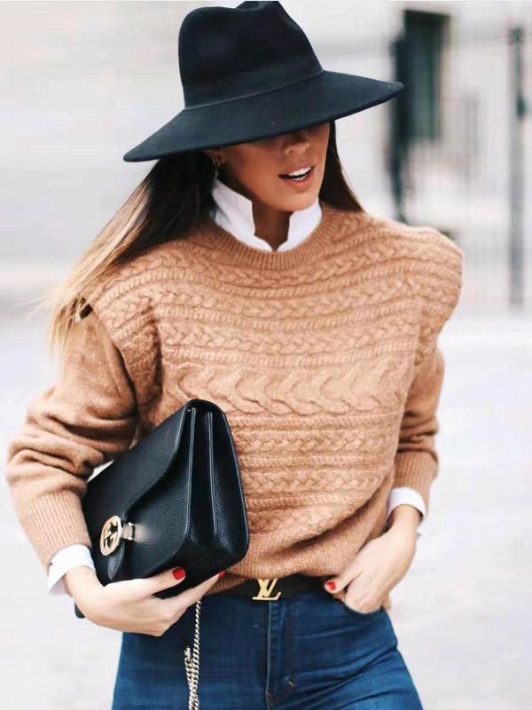 Khaki Crew Neck Twist Long Sleeve Knitted Sweater