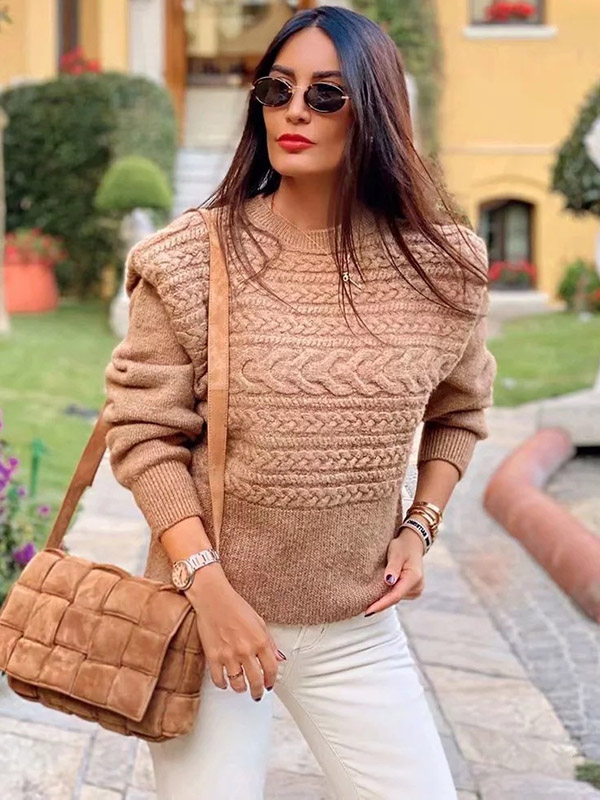 Khaki Crew Neck Twist Long Sleeve Knitted Sweater