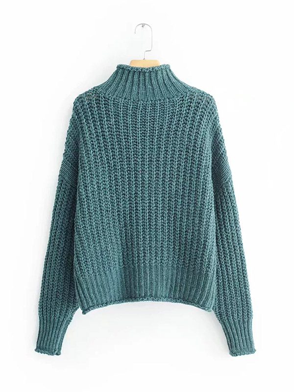 Green Loose Long Sleeve High Neck Knitted Sweater