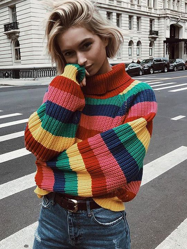 High Neck Loose Rainbow Stripe Sweater