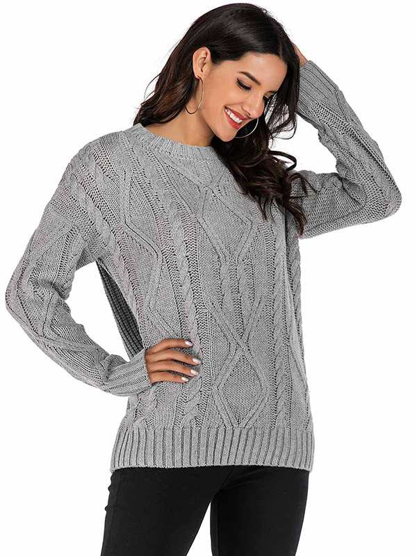 Grey Casual Twist Crew Neck Knitted Sweater