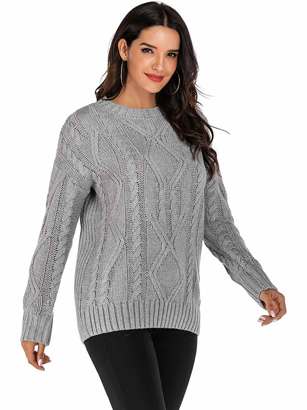 Grey Casual Twist Crew Neck Knitted Sweater