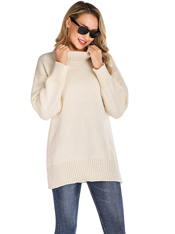 White Half High Collar Solid Color Casual Knitted Sweater