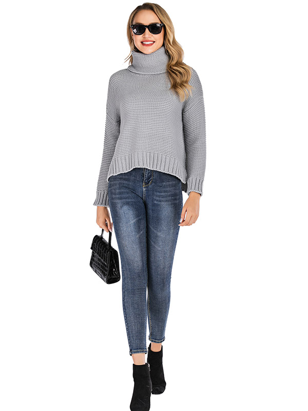 Grey Casual Turtleneck Solid Color Sweater