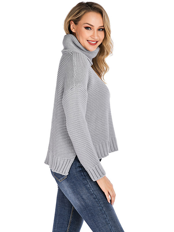 Grey Casual Turtleneck Solid Color Sweater