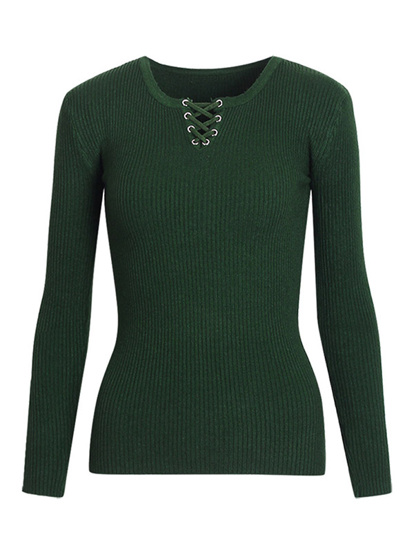 Green Lace Up Round Neck Long Sleeve Knitted Sweater