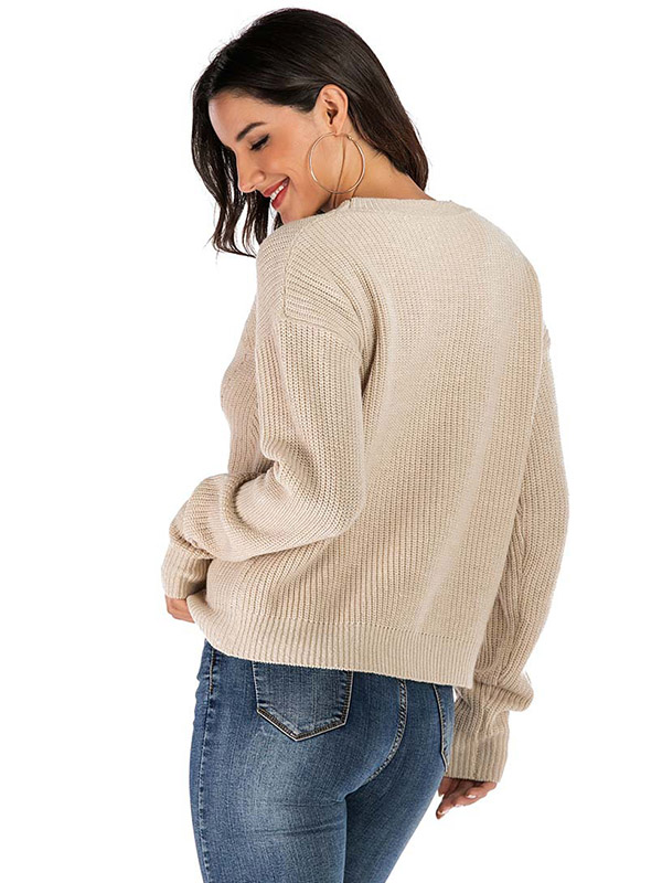 Khaki Slim Solid Color Crew Neck Knitted Sweater 