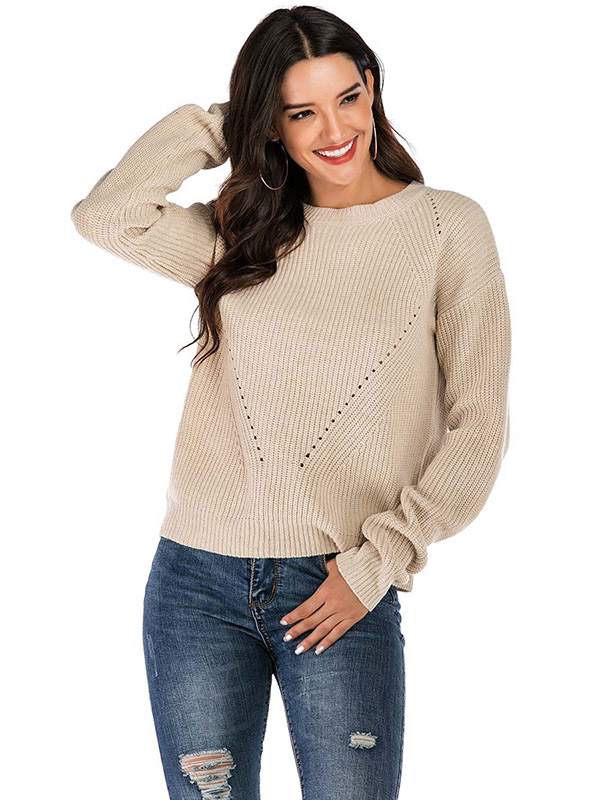 Khaki Slim Solid Color Crew Neck Knitted Sweater 