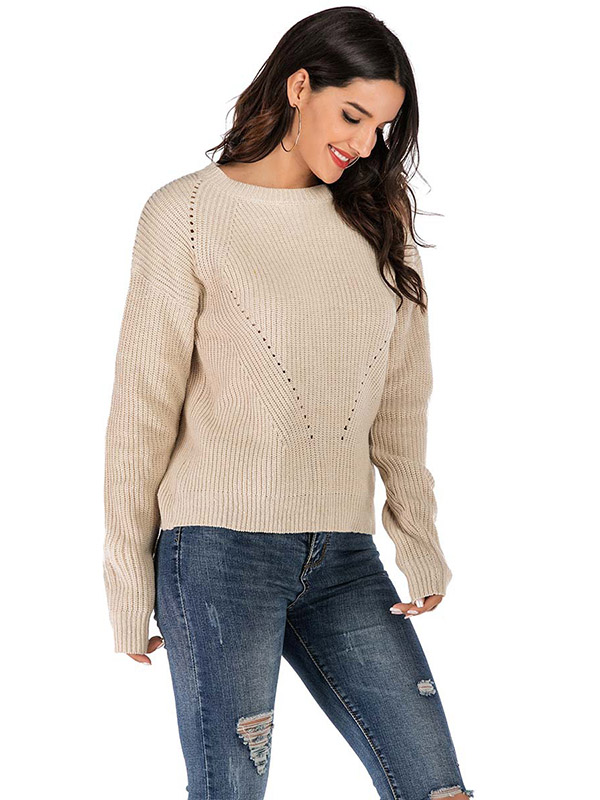 Khaki Slim Solid Color Crew Neck Knitted Sweater 