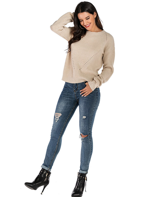 Khaki Slim Solid Color Crew Neck Knitted Sweater 