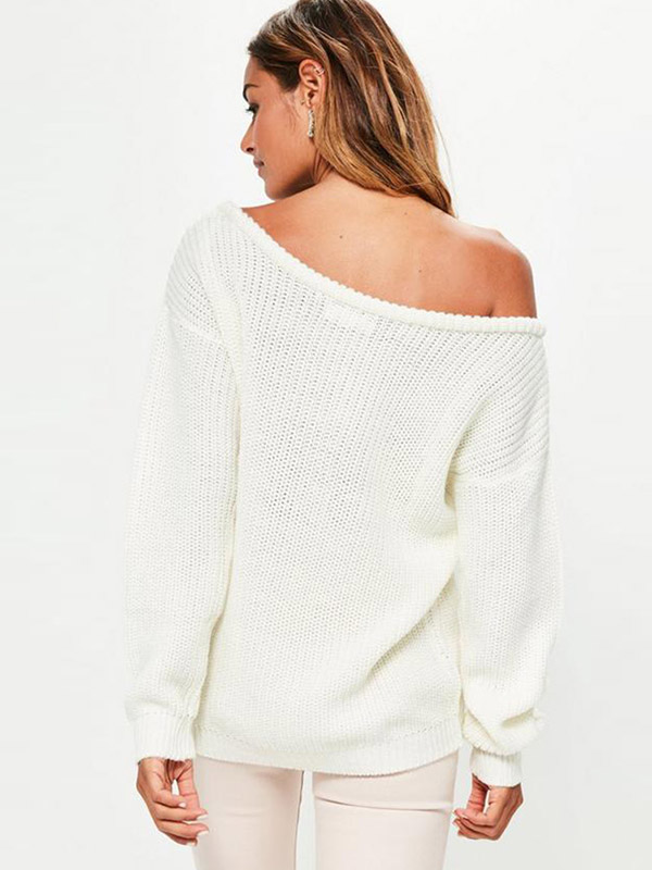 White Fashion Off Shoulder Loose Knit Sweater