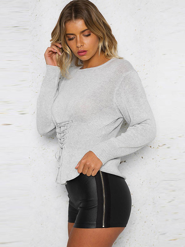 Grey Slim Lace Up Crew Neck Sweater