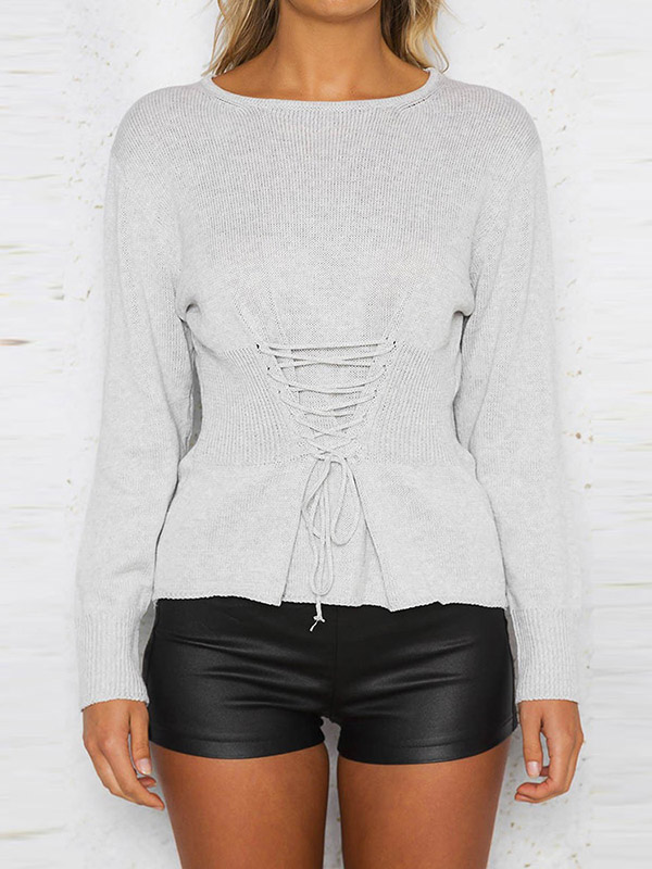 Grey Slim Lace Up Crew Neck Sweater