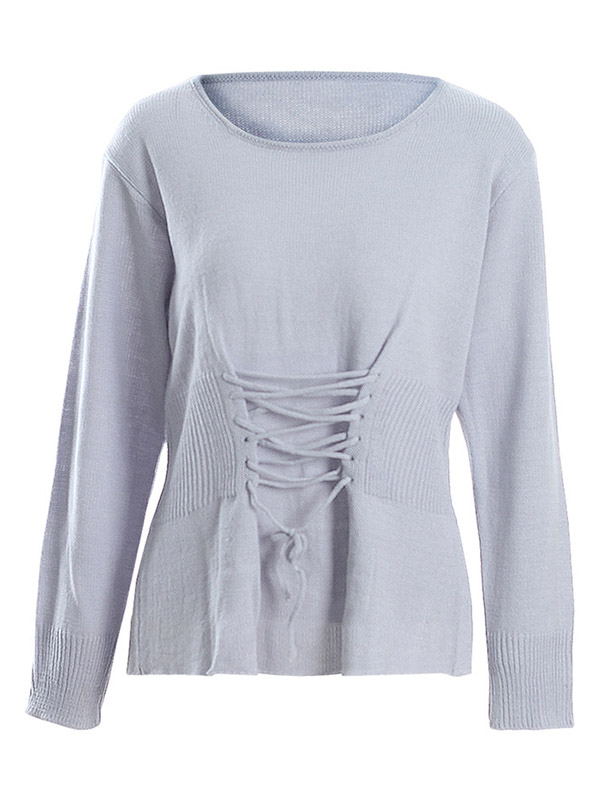 Grey Slim Lace Up Crew Neck Sweater