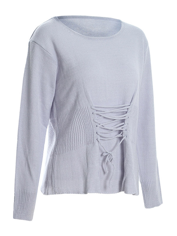 Grey Slim Lace Up Crew Neck Sweater