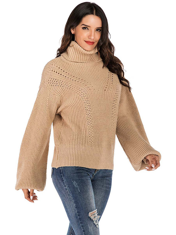 Khaki Loose Casual High Neck Jacquard Sweater