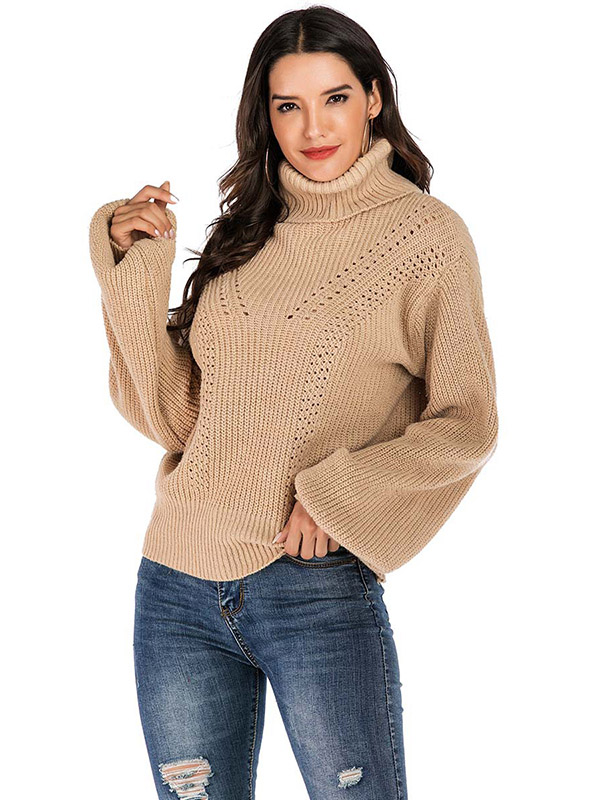 Khaki Loose Casual High Neck Jacquard Sweater