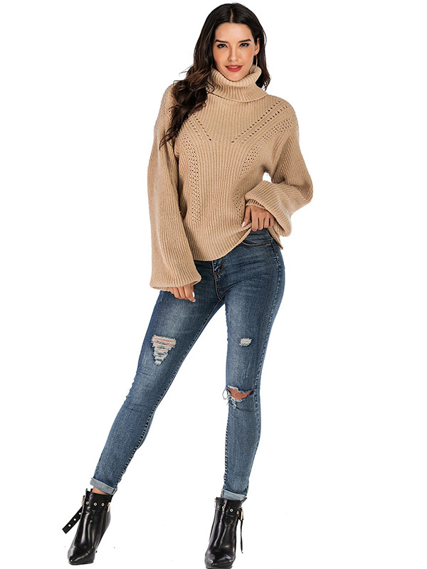 Khaki Loose Casual High Neck Jacquard Sweater